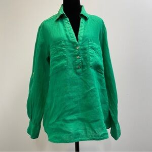 Zara 100% Linen Green Popover Blouse Tunic Roll Tab Sleeve Size M